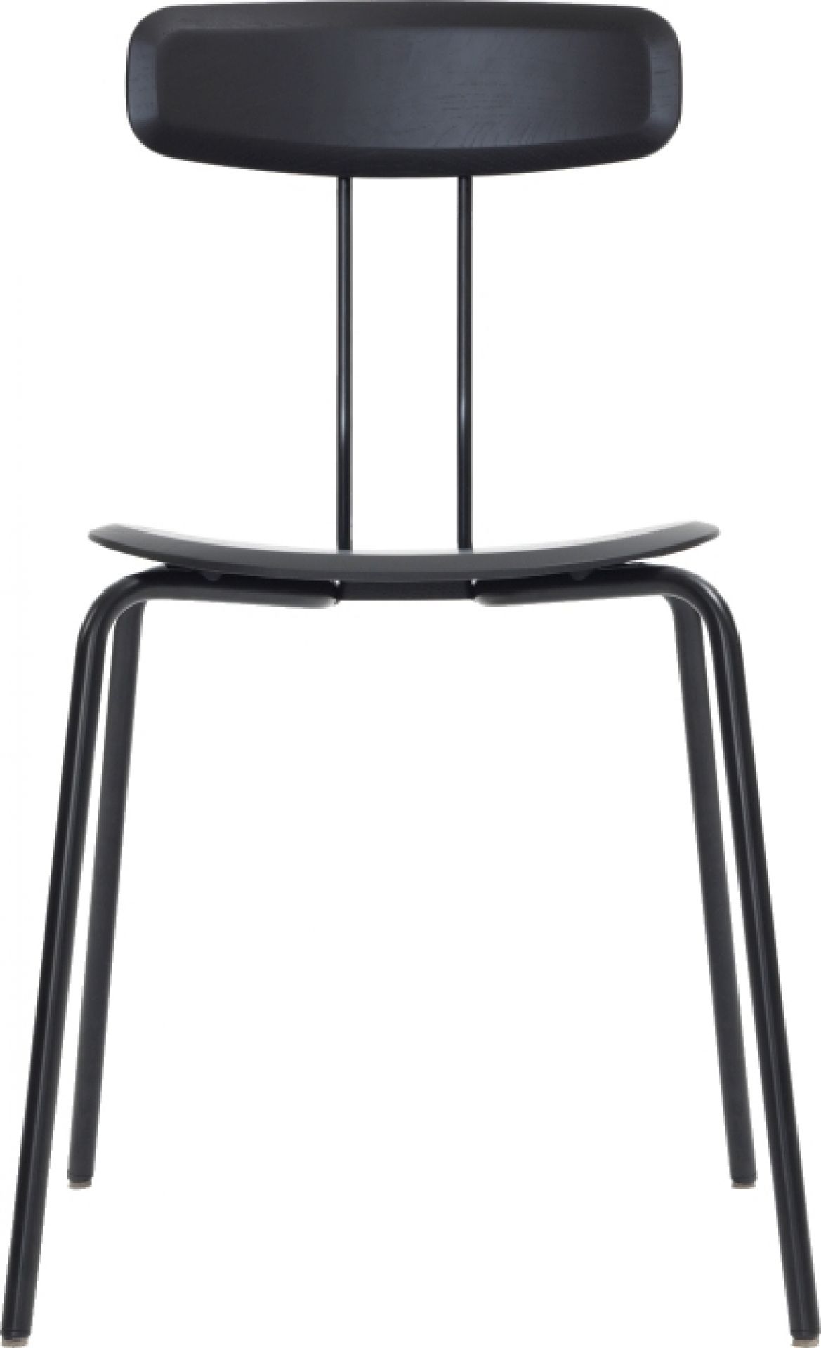 Schwarzer Okito Chair Stuhl von Zeitraum mit Holzlehne und filigranem Metallgestell, Frontansicht.